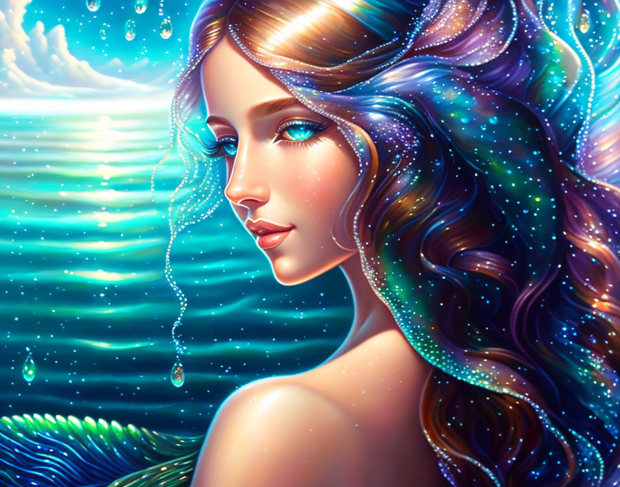 Fantasy illustration of woman with cosmic hair in oceanic setting