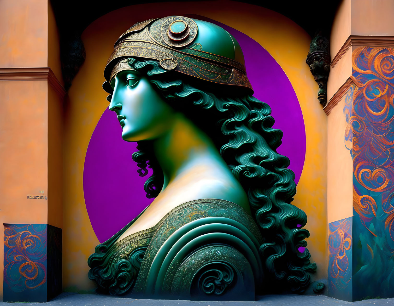 Hyper-realistic mural: Woman in classical armor with curly hair on vibrant purple and orange background