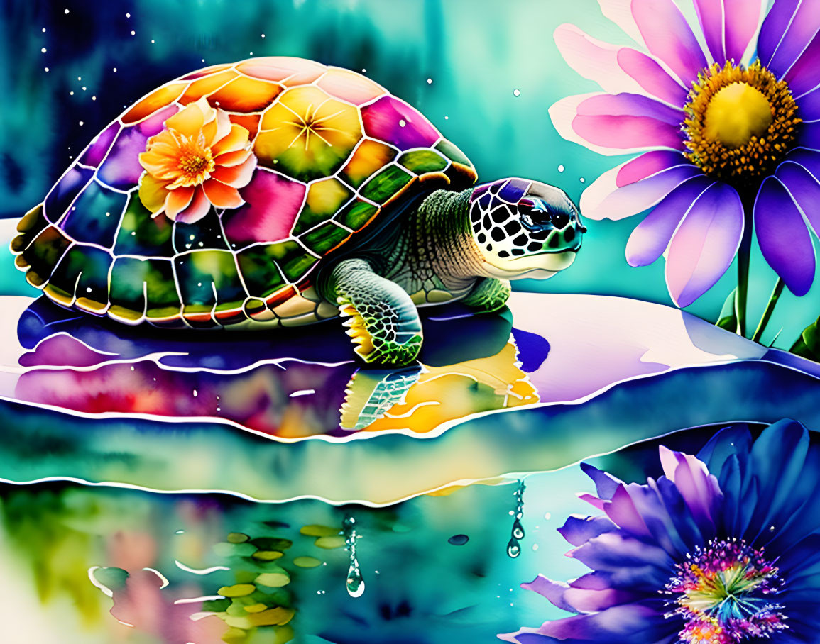 Colorful Turtle Illustration on Water with Flowers and Stars