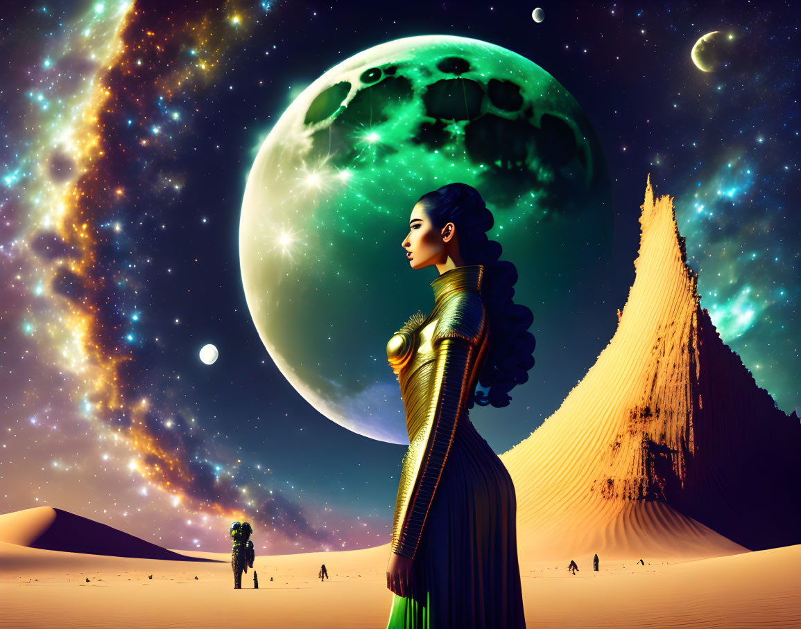 Woman in futuristic attire on desert planet with green moon & cosmic sky