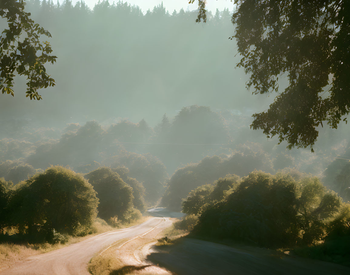 Sun-drenched dirt road through lush forest with piercing light beams