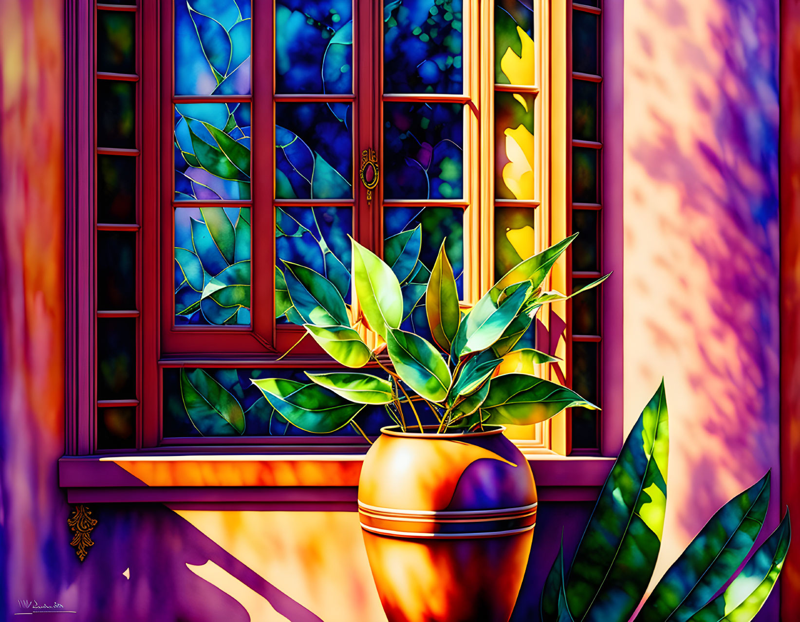 Colorful Potted Plant Artwork with Purple, Blue, and Gold Hues