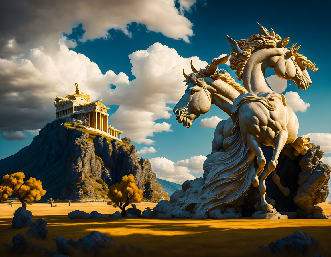 Fantastical landscape with rearing horse statue, golden fields, and ancient temple