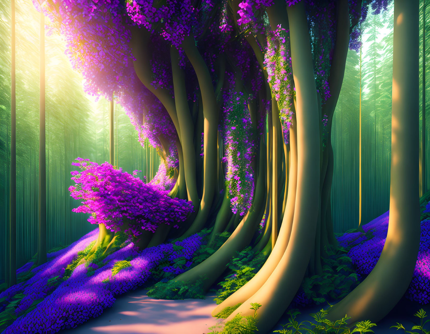 Enchanting Forest with Purple Flowers and Twisted Trees