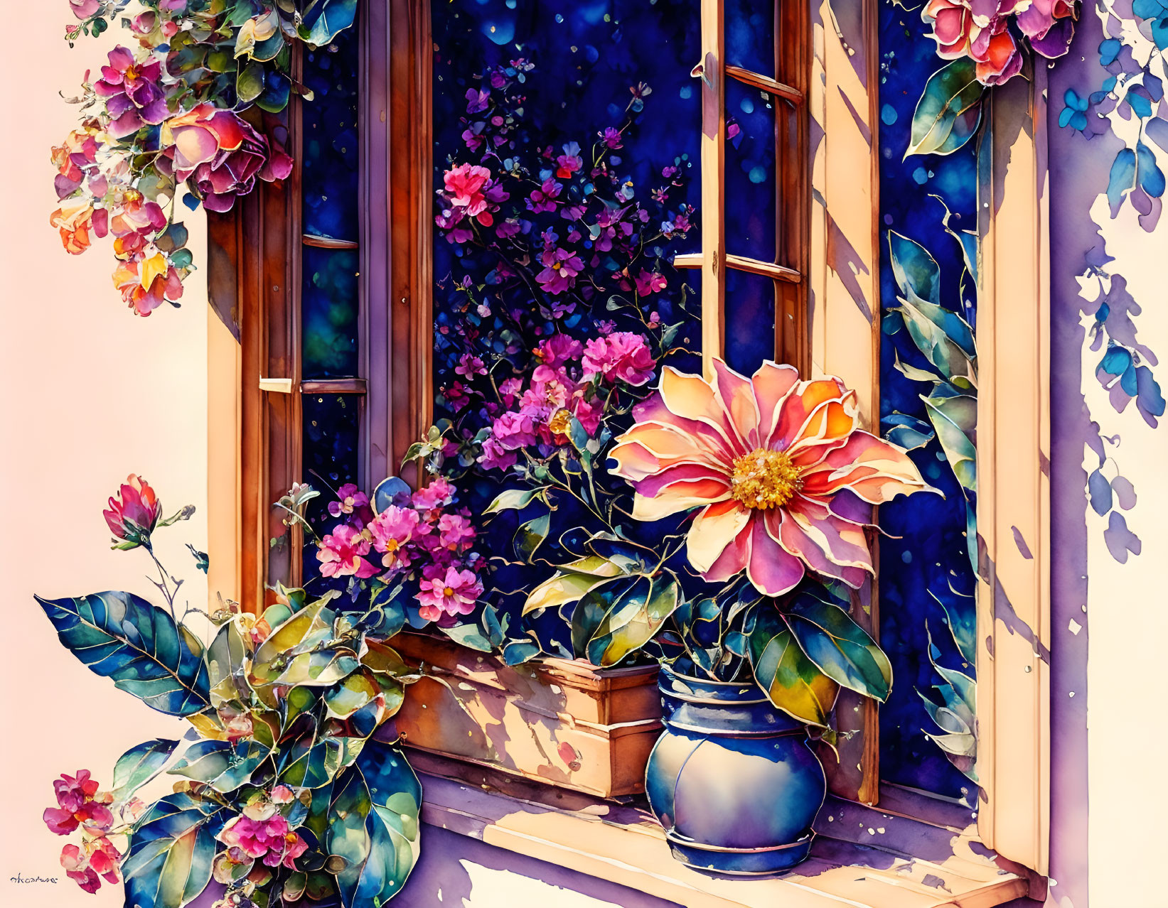 Charming window with pink flowers in watercolor