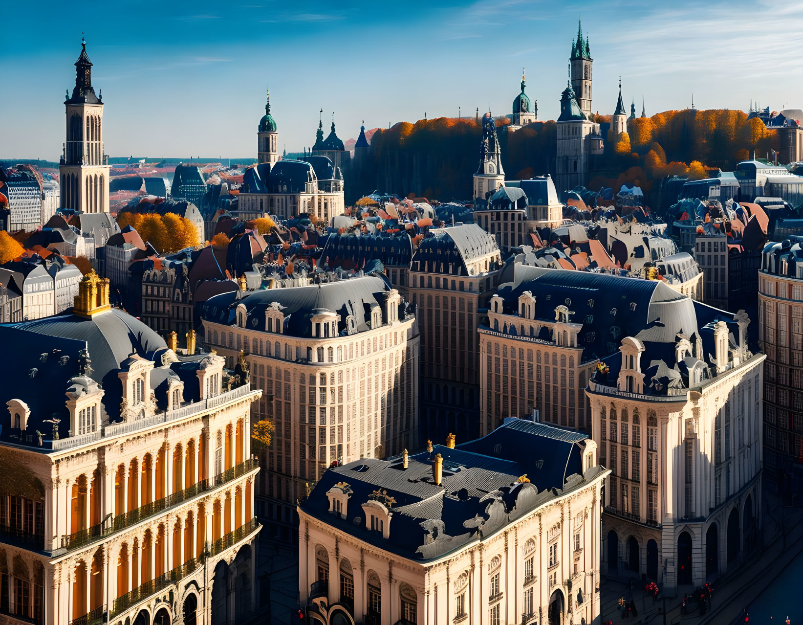 European City Aerial View: Baroque Buildings, Autumn Trees, Blue Sky