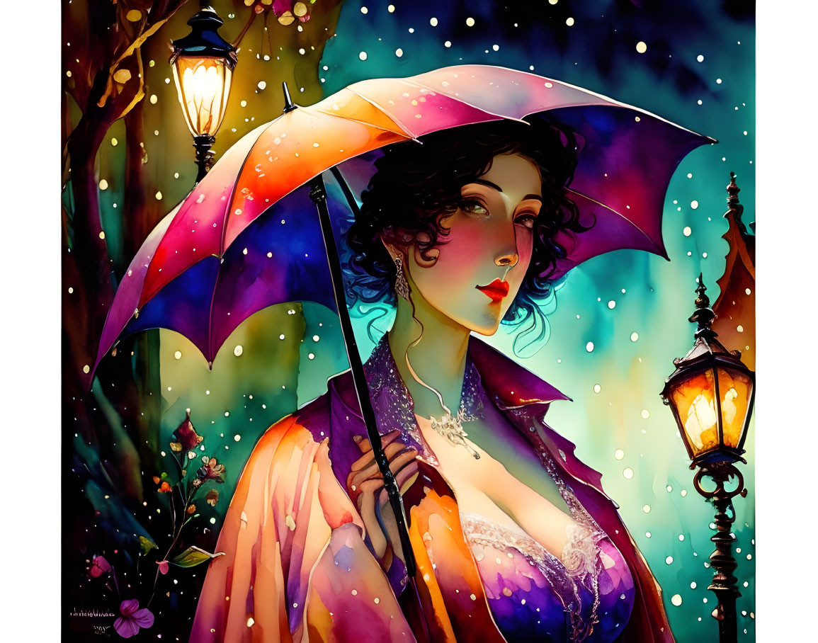 Colorful Illustration of Woman with Umbrella & Street Lamps