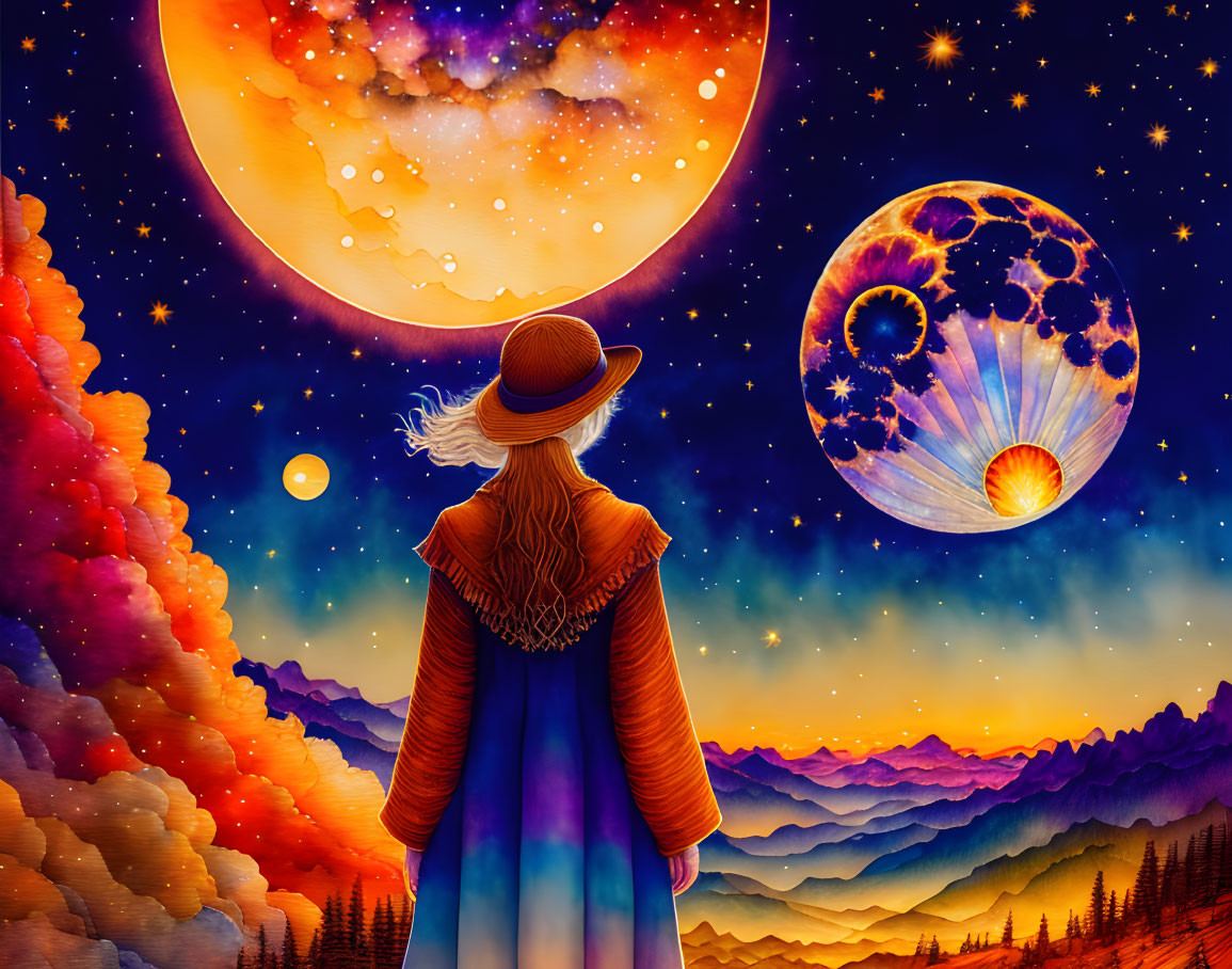 Person in Hat Contemplates Colorful Celestial Scene