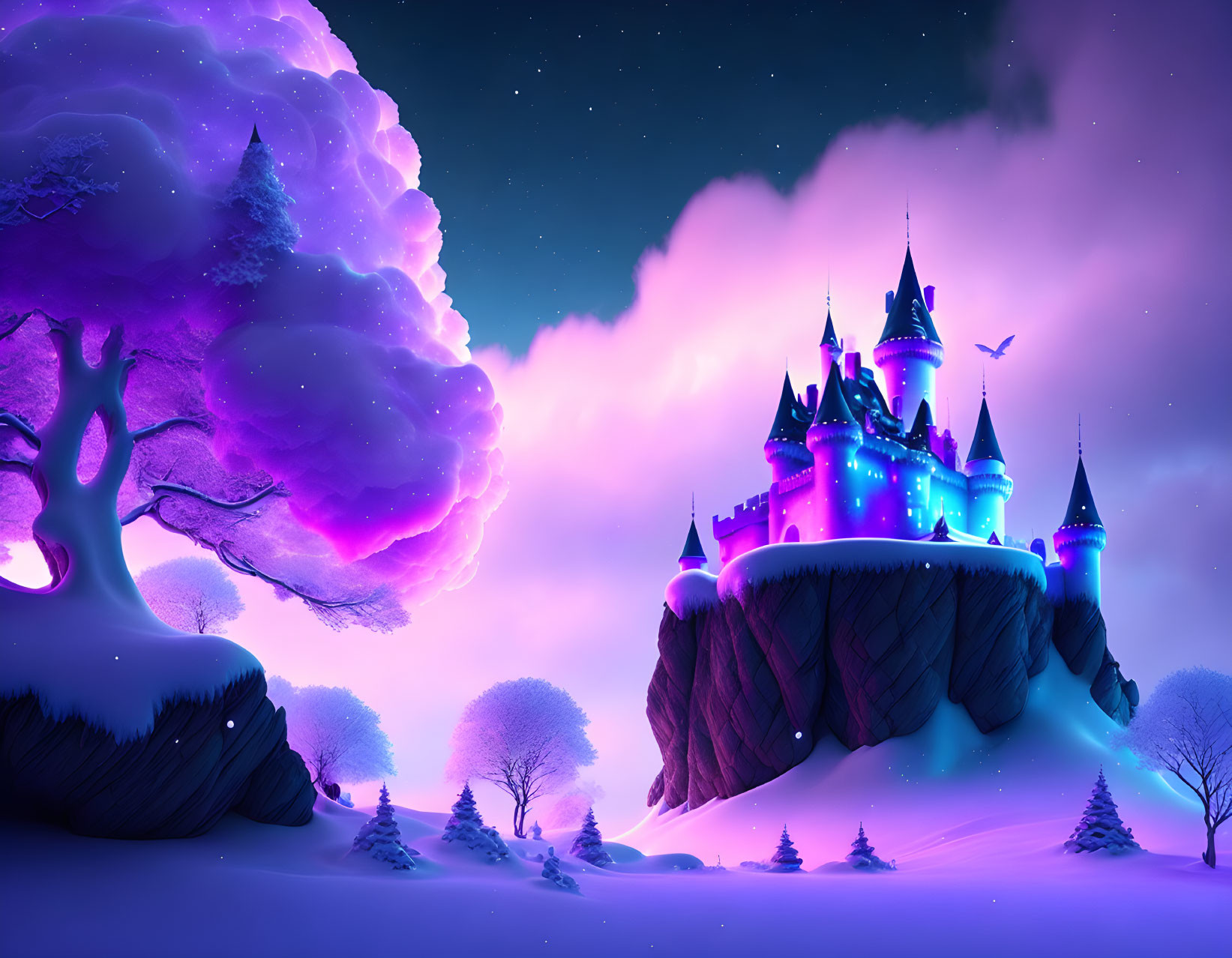 Fantasy castle on hill at twilight with purple hues, glowing lights, snowy landscape