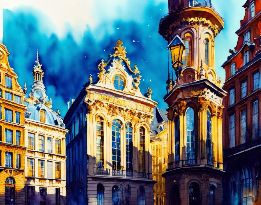 European buildings in watercolor under cloudy sky