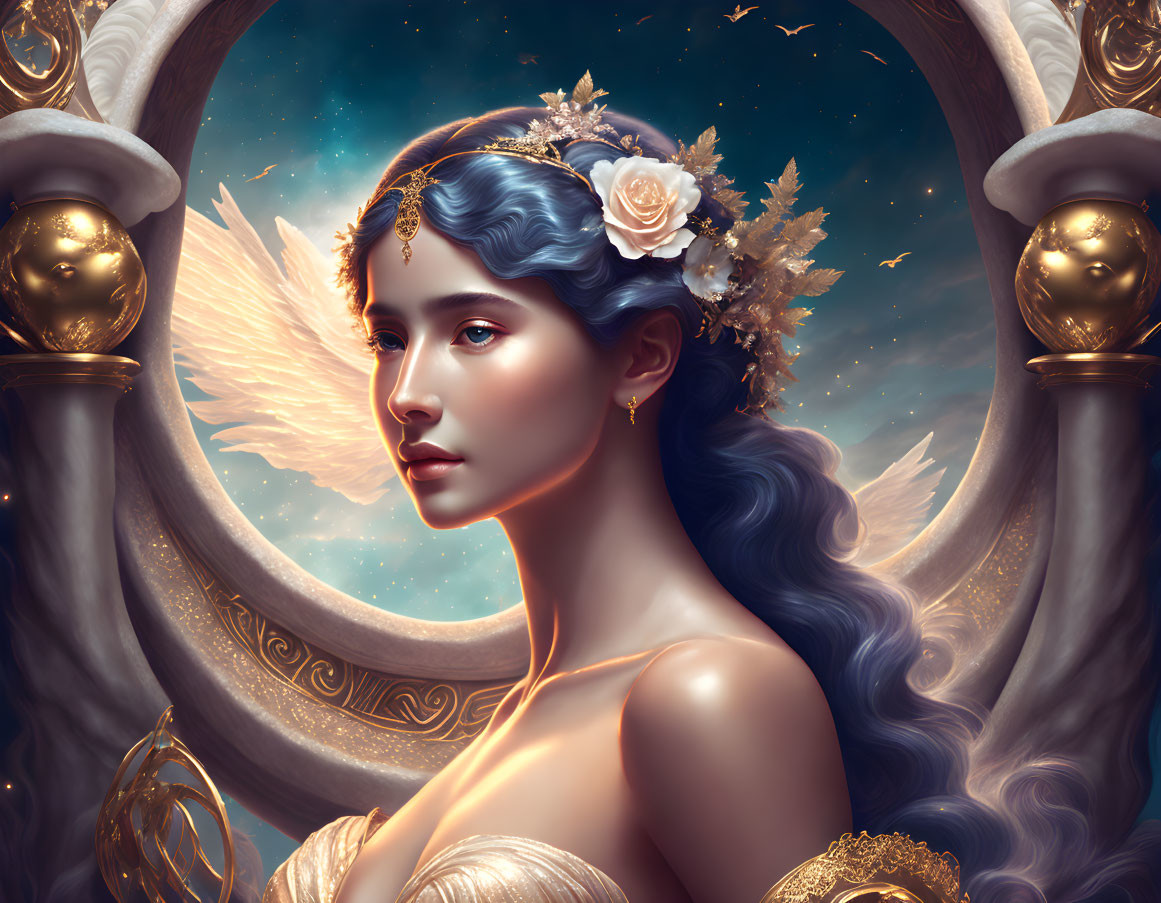 Ethereal woman with blue hair, leafy tiara, and white wings under golden arch