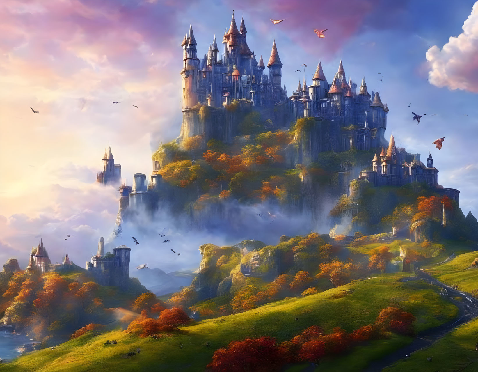 Majestic fantasy castle on lush hill at sunset with flying birds