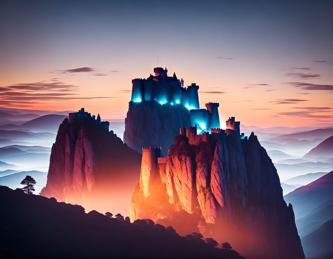 Castle on Cliff with Mountain Silhouettes and Sunset Sky