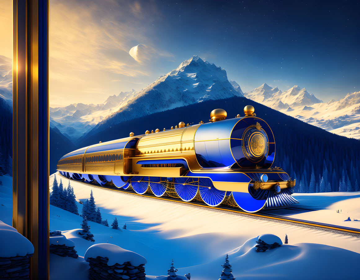 Futuristic train in snowy twilight landscape with mountains