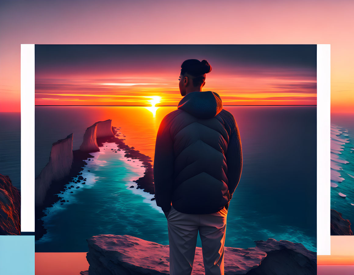 Person in puffy jacket admires ocean sunset from cliff with illusion window