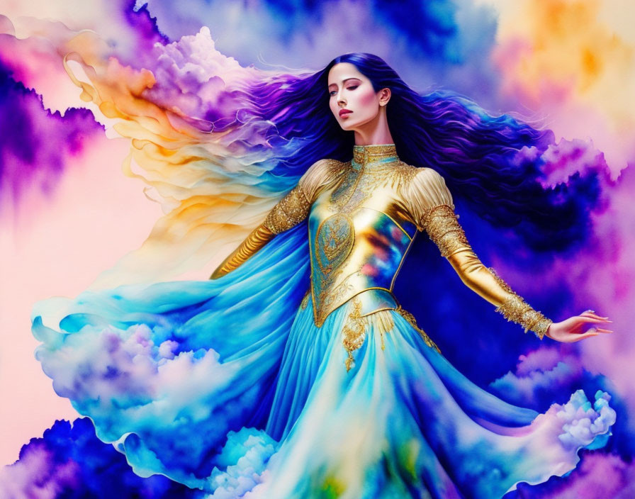 Colorful illustration of a woman with flowing hair and dress on vibrant backdrop