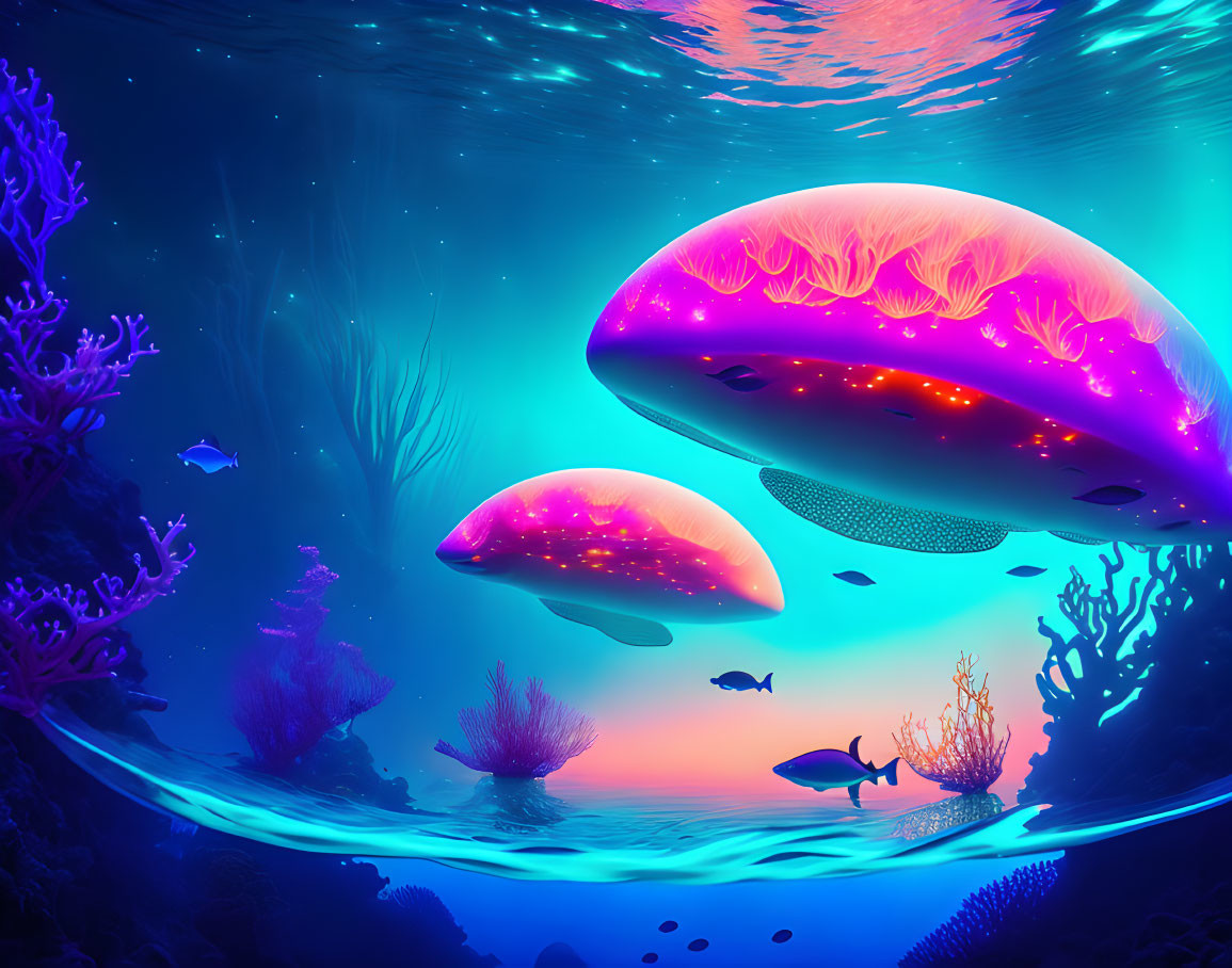 Colorful Coral and Luminescent Jellyfish in Tranquil Underwater Scene