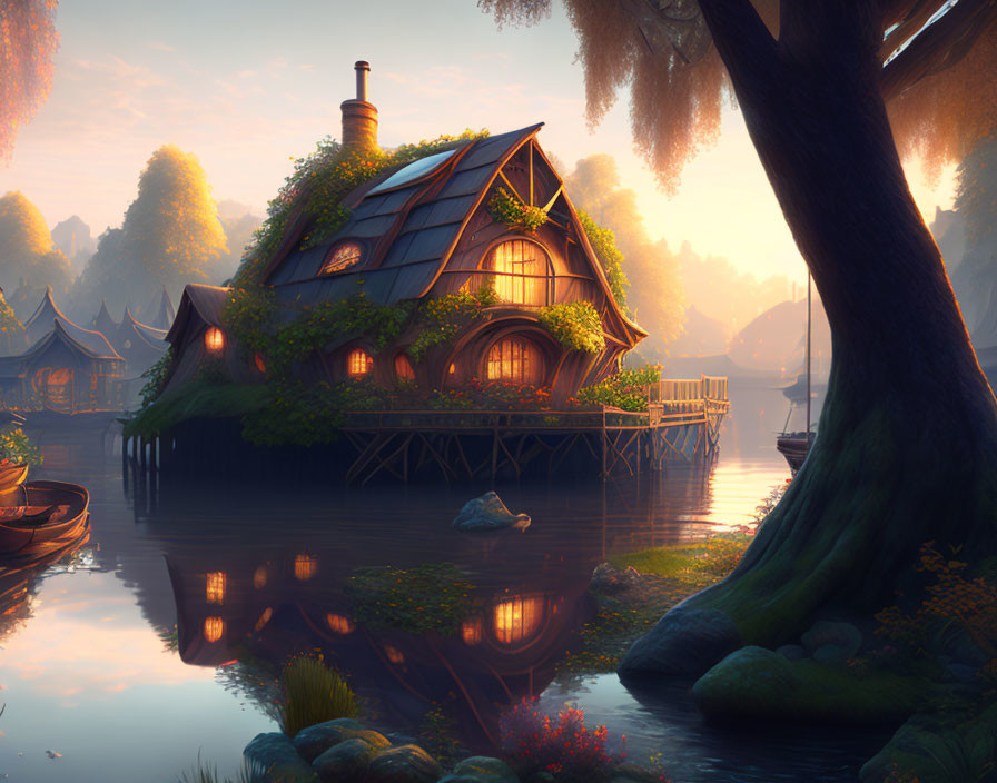 Quaint House on Stilts Over Water at Twilight