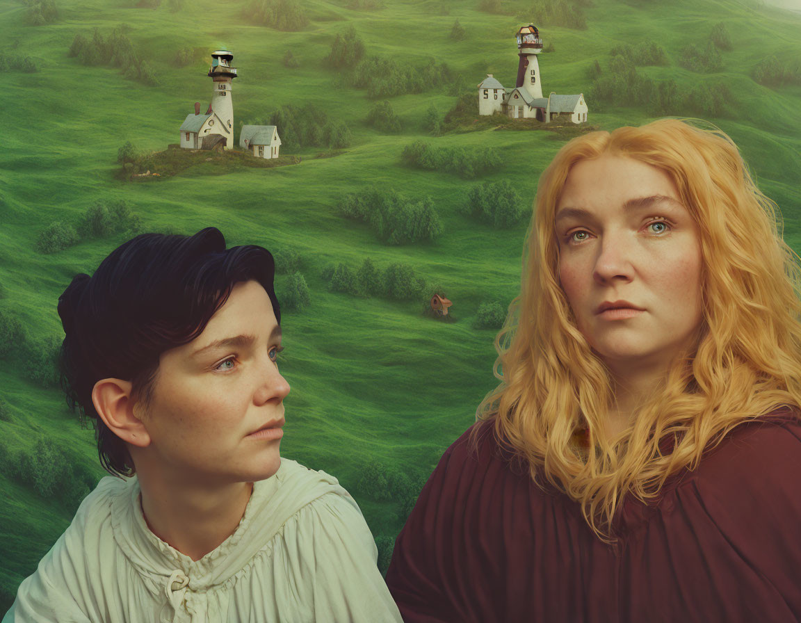 Scenic painting of two women with lighthouse, hills, and carriage