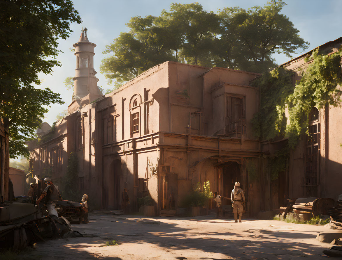 Deserted sunlit street with rundown buildings, foliage, church spire, and people.