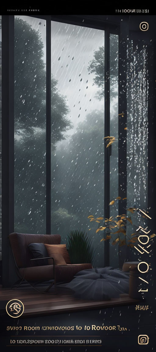 Leather armchair and plant by rain-streaked windows overlooking misty forest.