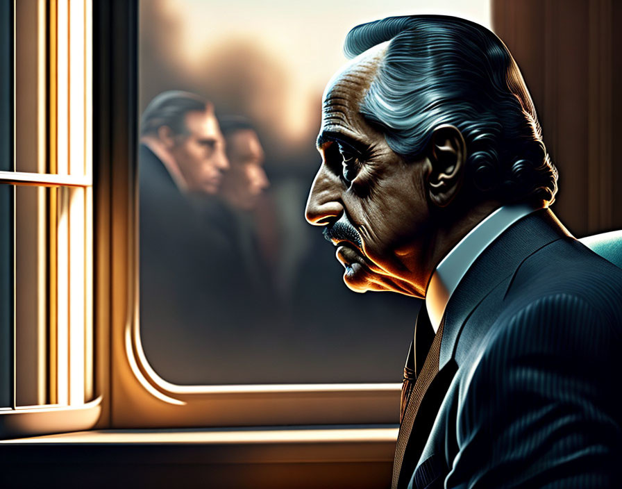 Illustration of older man with mustache gazing out window.