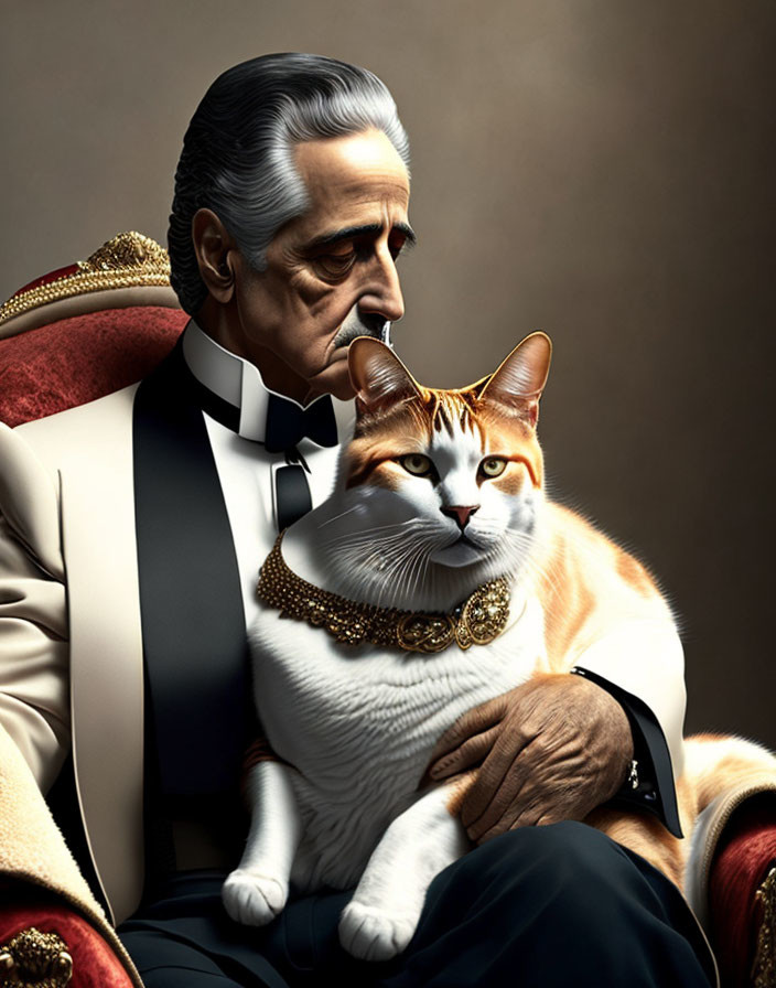 Elderly man in tuxedo with decorated cat on lap against dark background