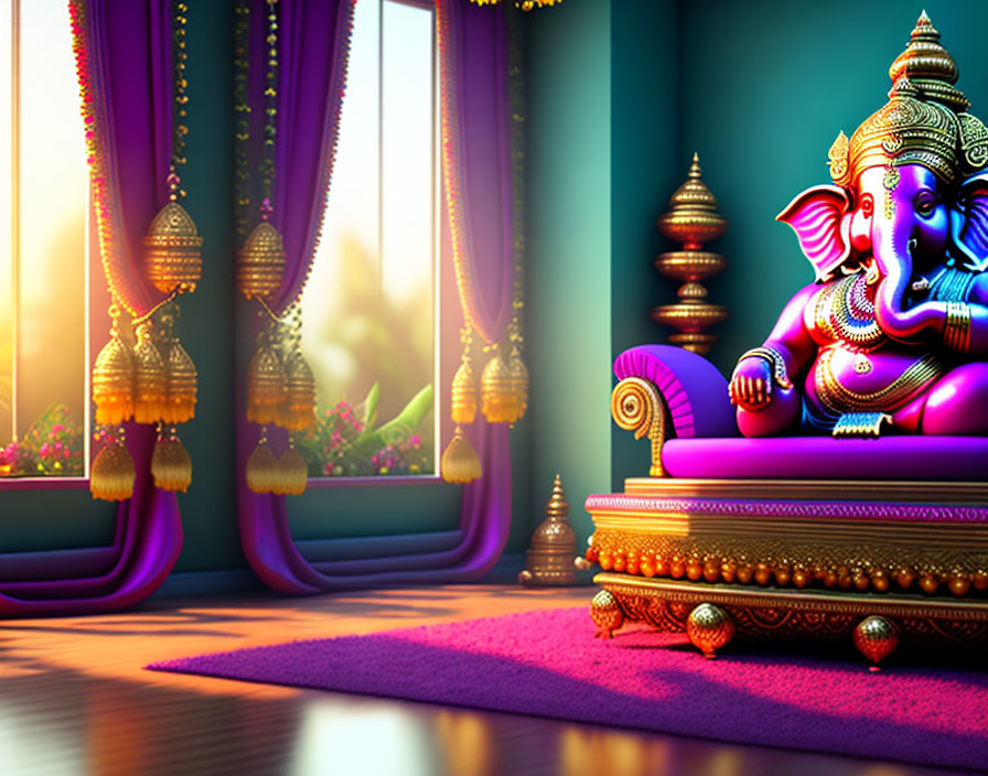 Vibrant Lord Ganesha statue in a colorful room with purple curtains.