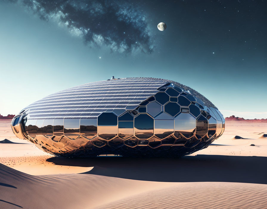 Dome-shaped building with solar panels in desert night sky