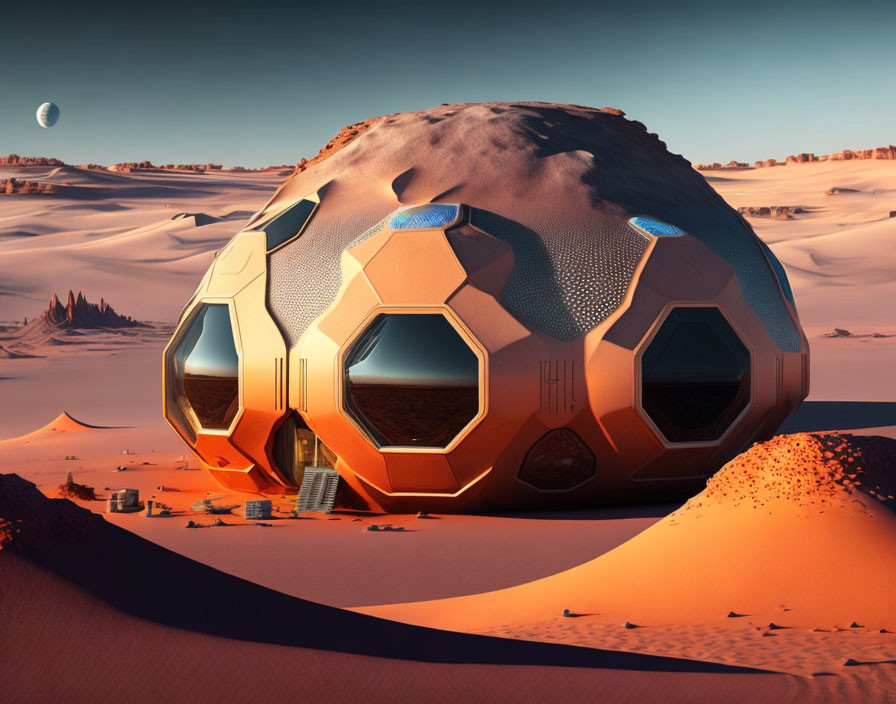 Futuristic dome structure in desert landscape with orange sky.