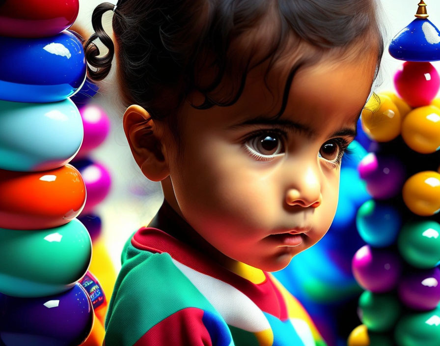 Toddler with expressive eyes and colorful beads in close-up shot