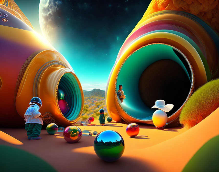 Colorful surreal landscape with hollow hill-like structures, large moon, figures, reflective spheres under twilight sky