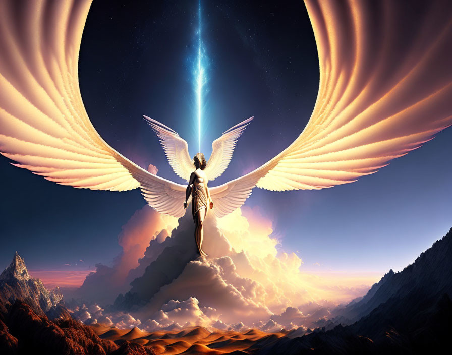 Angel with large white wings in surreal sky with swirling clouds and piercing light.