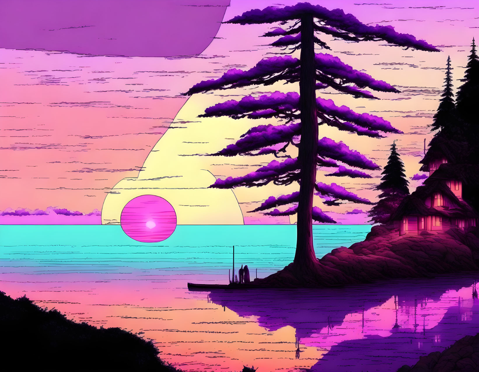 Digital art of lakeside sunset with pink sun, purple trees, cabin, and dock