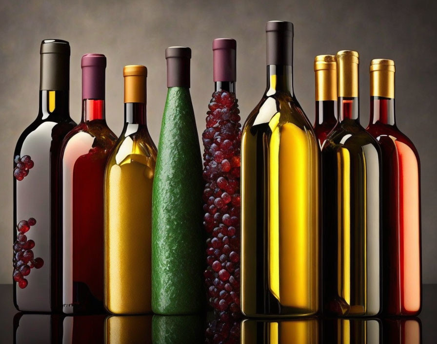 Seven wine bottles and grapes on dark background