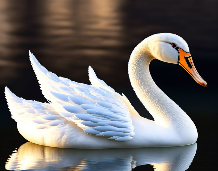 Graceful white swan with orange beak in golden light reflected on dark water