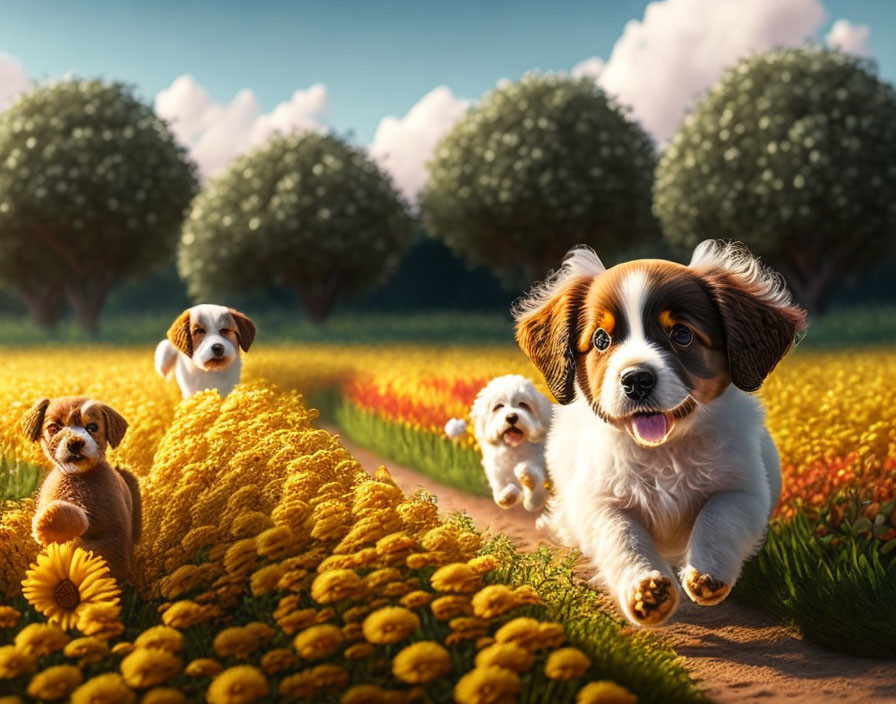 Playful Puppies in Sunflower Field with Trees