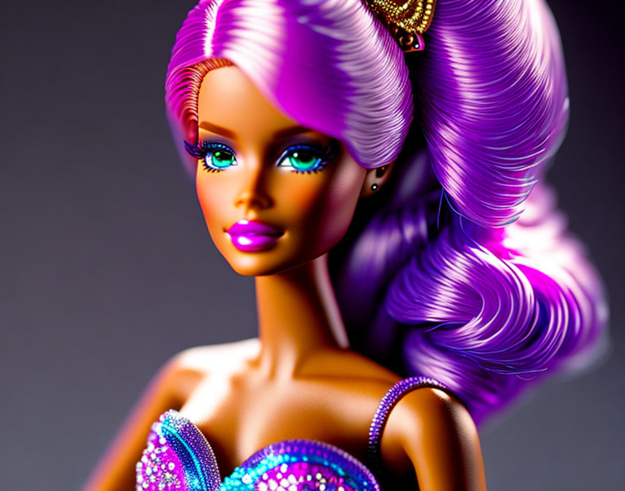 Vibrant purple hair, green eyes, pink lips, blue dress doll close-up