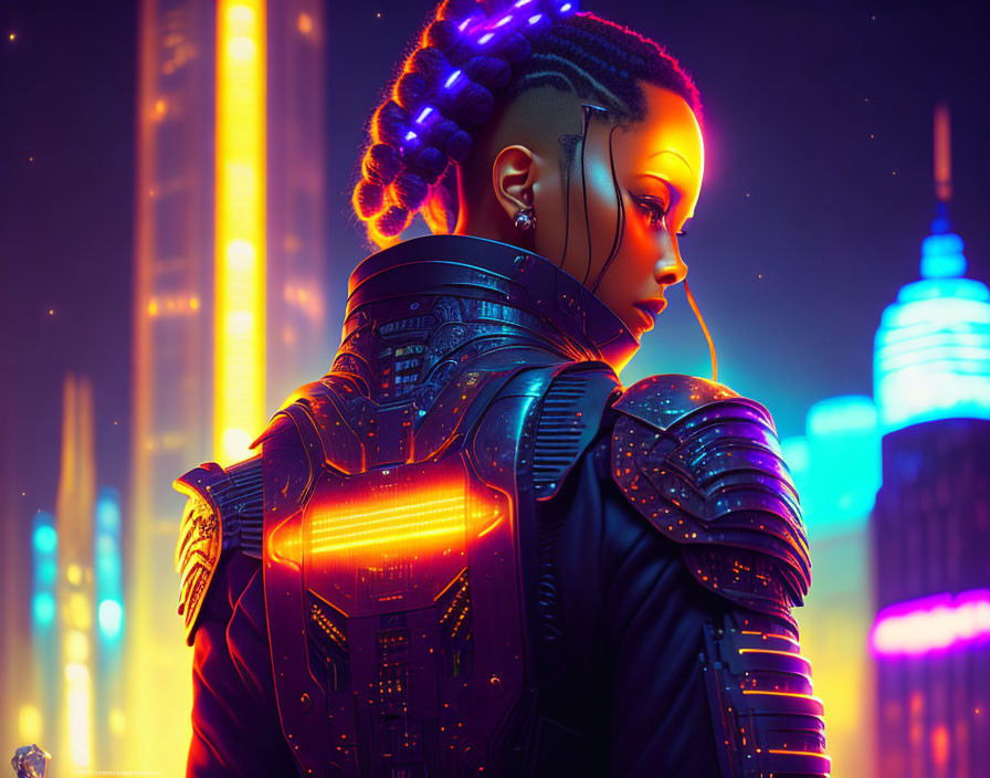 Futuristic woman in digital armor against neon cityscape