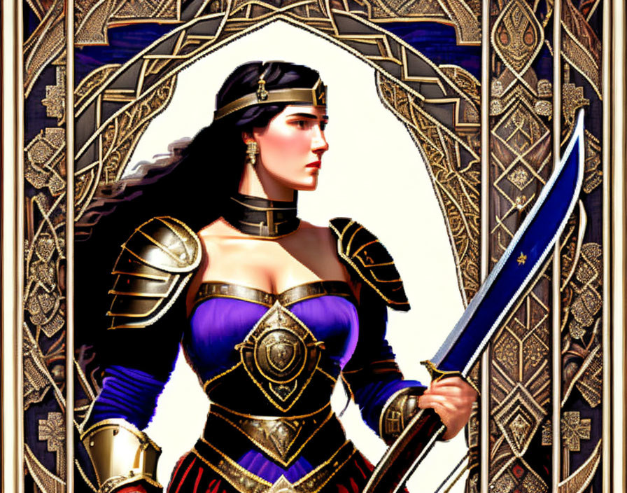 Female warrior in ornate armor wields sword against art nouveau backdrop