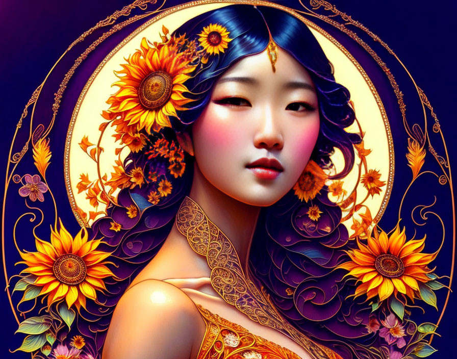 Asian Woman Surrounded by Sunflower Mandala and Gold Accents