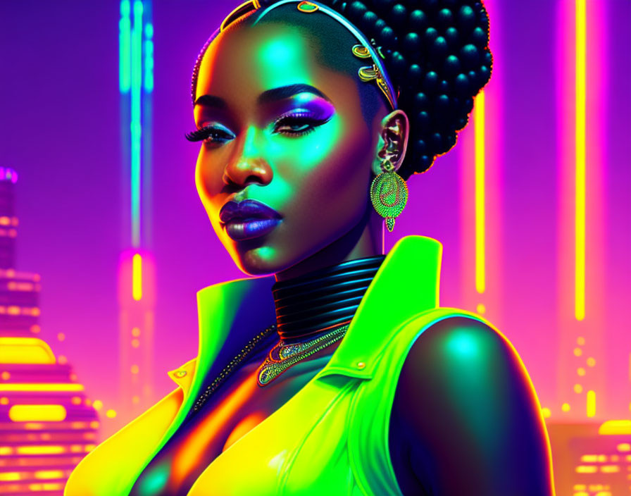 Vibrant neon colors stylized portrait of a woman with makeup, jewelry, futuristic outfit against city