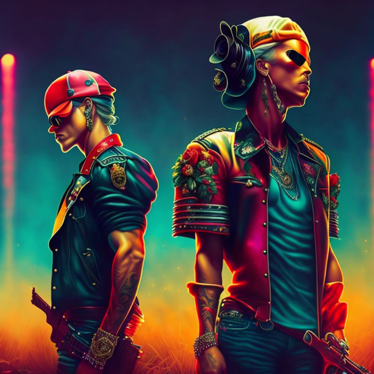 Stylized characters in futuristic punk attire with neon lighting