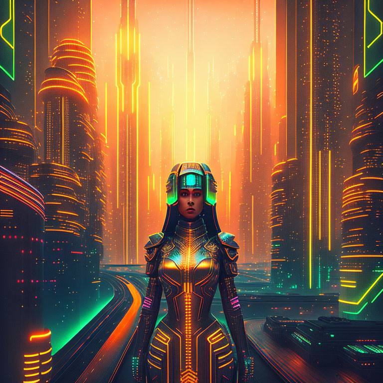 Futuristic female figure in advanced armor overlooking neon-lit cyberpunk cityscape