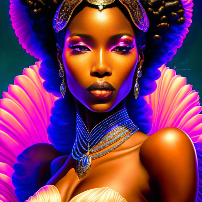 Regal woman in warm colors with vibrant pink lighting