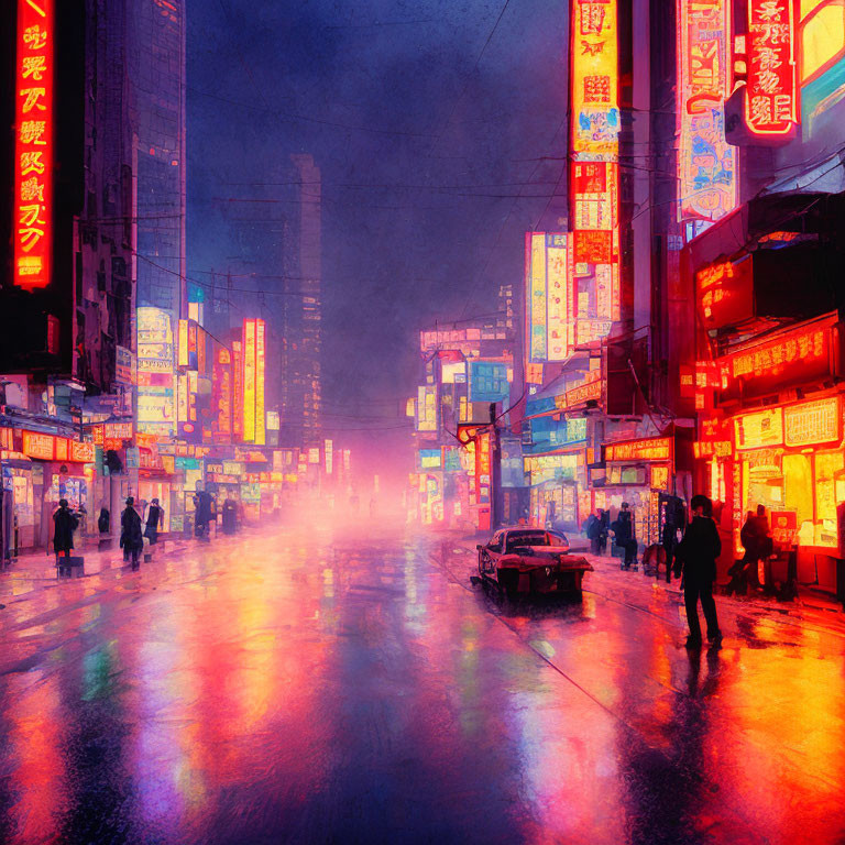 Neon-lit East Asian street scene at night with wet pavement and silhouettes