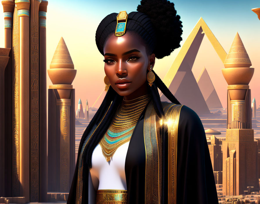 Stylized regal woman in Egyptian attire with pyramids backdrop