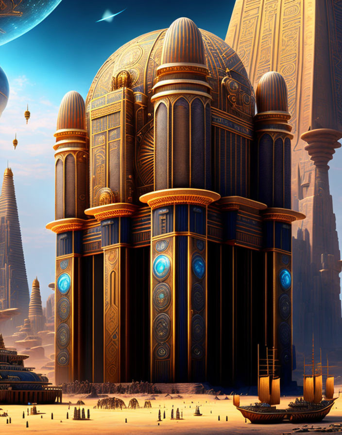 Futuristic desert building with domed towers and airships in sky