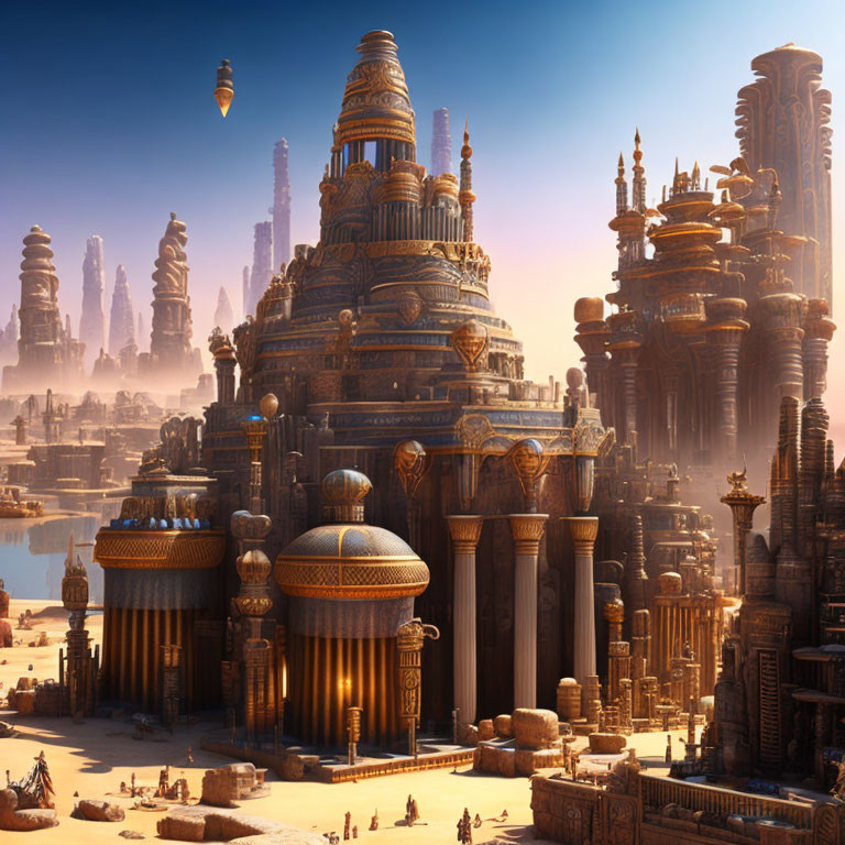 Fantastical city with golden domes and spires in desert landscape.