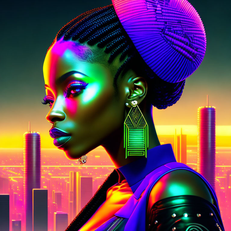 Vibrant digital artwork: Woman with neon lights in futuristic city.